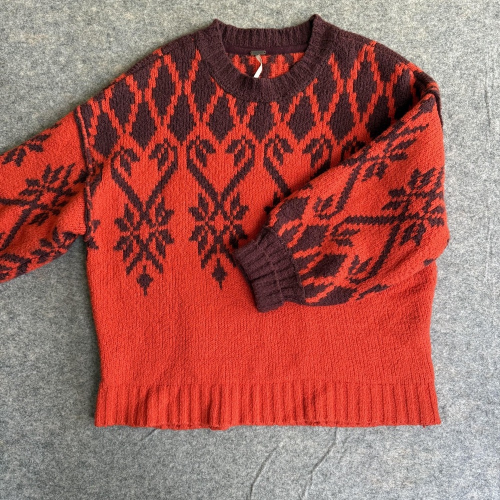 Free People Sweater Womens XS Red Fair Isle Chunky Knit Crewneck Pullover Boho